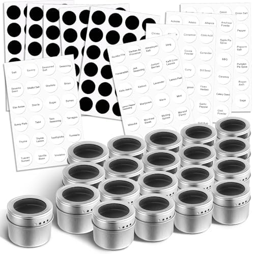 20 Pack Magnetic Spice Jars, Magnetic Spice Containers for Refrigerator, Seasoning Tins with Clear Top Lid, 240 PVC Spice Label Set