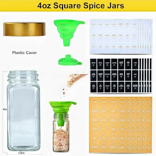 48 Gold Spice Jars with Labels, 4oz Seasoning Jars for Cabinets, Drawers