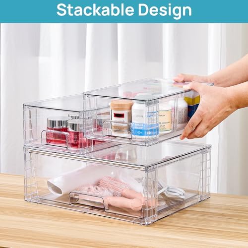 Clear Stackable Storage Drawers, 3 Pack Wide Organizer Set