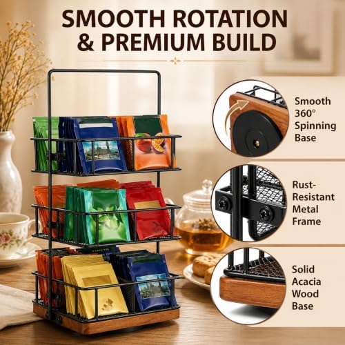 3 Tier Rotating Tea Bag Organizer Iron & Acacia Wood 360°Spinning Carousel