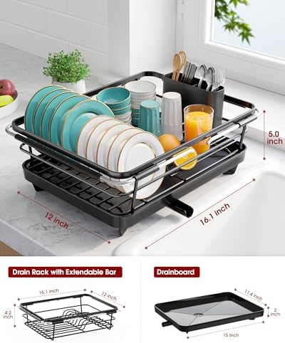 Extendable Dish Drying Rack Over Sink with Dish Drainer, Sink Organization and Storage Essentials with Silverware & Utensil Holder, Home and Apartment Decor, 12" W x 16.1~23" L, Black