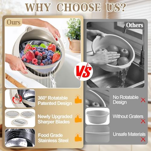 4-in-1 Colander with Bowl Set - Patented - 360° Rotatable Strainer, Beige