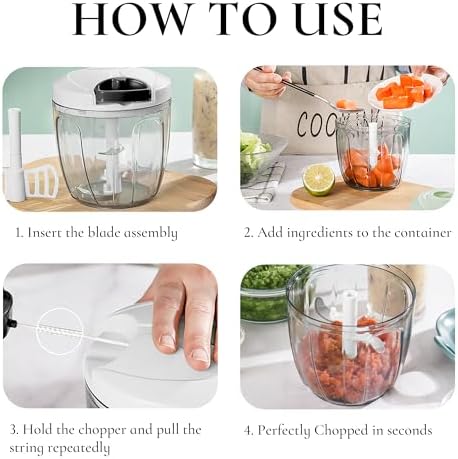 Pull‑String Manual Food Chopper with Sharp Blades, 900ml White