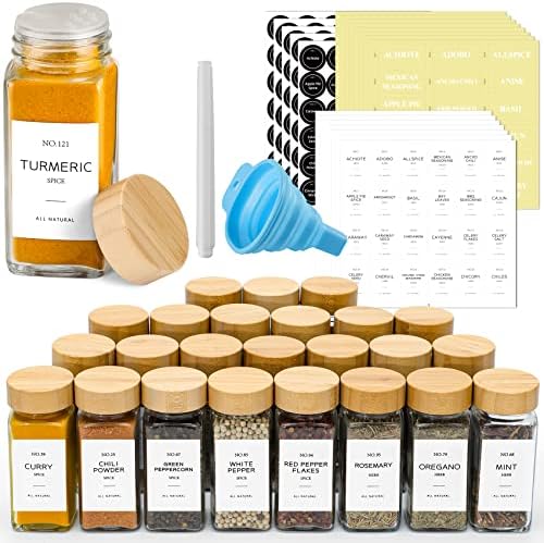 24 Pcs Glass Spice Jars with Bamboo Lids, 4 oz Glass Jars with Minimalist Farmhouse Spice Labels Stickers, Collapsible Funnel, Seasoning Storage Bottles for Spice Rack, Cabinet, Drawer
