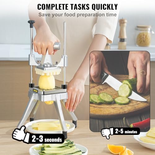 Commercial Vegetable Fruit Chopper, Stainless Steel French Fry Cutter w/ 4 Blades 1/4" 3/8" 1/2", Vegetable Chopper Dicer w/Stainless Bowl, Heavy Duty Cutter for Potato Tomato Onion Mushroom
