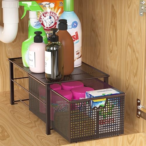 Stackable Pull Out Cabinet Sliding Basket with Divider, Large