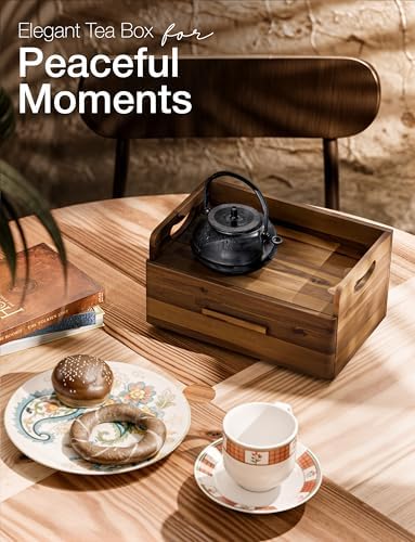 Acacia Wooden Tea Box Organizer with Drawer for Countertop Display