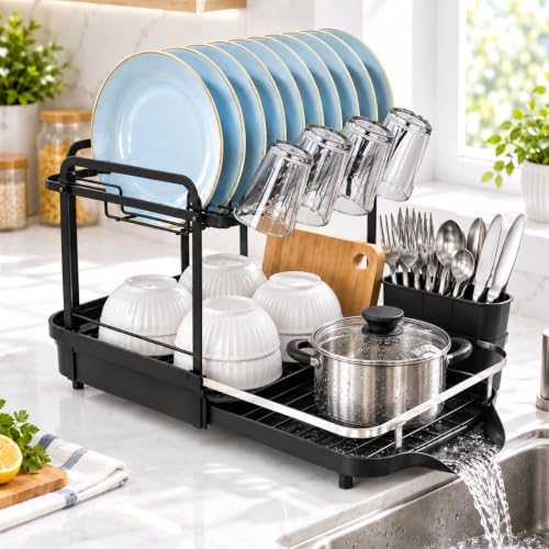 2 Tier Dish Drying Rack, Dish Drainer with Drainboard Set, Black