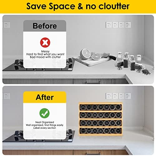 Bamboo Spice Rack Organizer With 28 Glass Spice Jars 4 oz, for Countertop