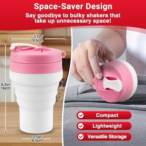 Collapsible Protein Shaker Bottle: 20 Oz Travel-Friendly Shaker Cups, Pink