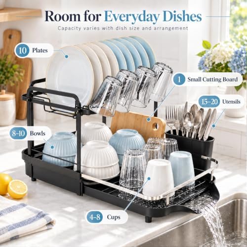 2 Tier Dish Drying Rack, Dish Drainer with Drainboard Set, Black