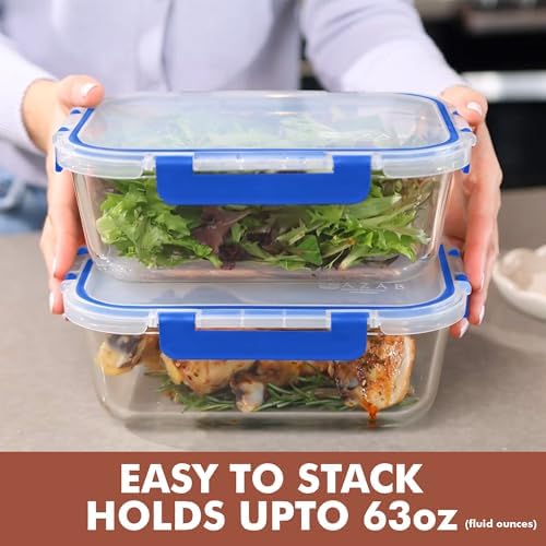 2 Pcs 1860ml / 63 Oz Large Glass Food Storage Containers with Lids - Glass Meal Prep Containers with Locking Lids for Roasting, Storing Leftover, Lunch Container, BPA Free, Microwave & Oven Safe