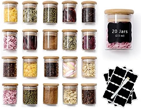 20 Pcs Glass Spice Jars with Airtight Bamboo Lids, Labels and Pen, 2.5oz Mini Clear Food Storage Containers for the Pantry, Kitchen Canisters for Tea, Herbs, Sugar, Salt, Coffee and More