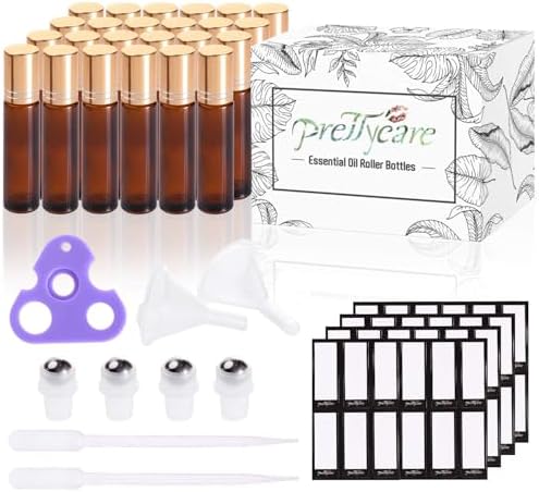 PrettyCare 24 Pack, 10 ml Essential Oil Roller Bottles with Stainless Steel Roller Ball - Refillable Leak-proof Empty Thick Amber Glass Roll on Bottles with Metal Caps for Travel, Perfume - Image 2