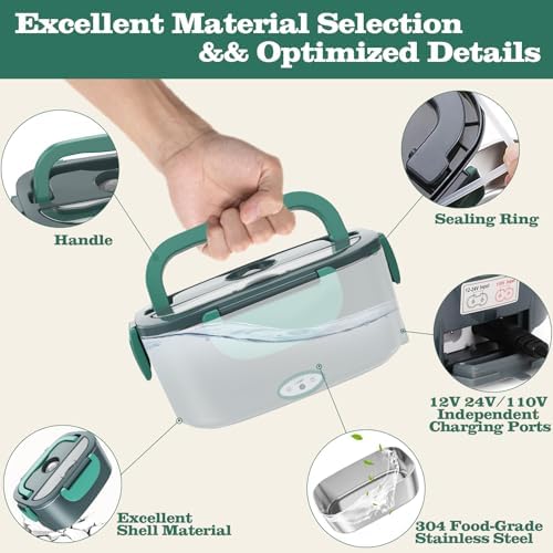 Electric Heated Lunch Box, 100W Fast Heating, 1.5L Food-Grade 304 Stainless Steel, 12V/24V/110V Portable Food Warmer for Car Truck Office Adults, Lonchera Electrica Portatil (Green)
