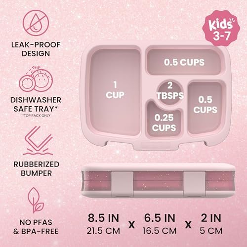 Kids Bento-Style 5-Compartment Leak-Proof Lunch Box - Just-Right Portions Ages 3-7, Durable, Drop-Proof, Dishwasher Safe, PFAS & BPA-Free & Made with Food-Safe Materials (Petal Pink Glitter)