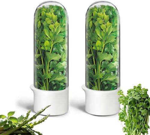 Herb Saver for Refrigerator, Herb Saver Pod Cilantro Containers for Refrigerator, Fresh Herb Keeper for Cilantro, Parsley, Asparagus, Mint, Keeps Greens Vegetables for 2-3 Weeks (Herb Keeper 2Pack)