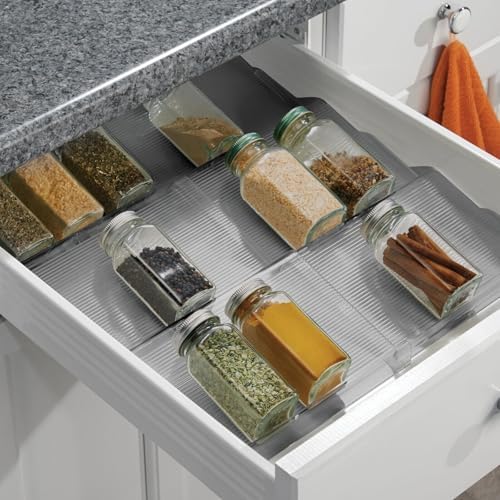 Expandable Plastic Deluxe Spice Rack, Drawer Organizer for Kitchen Cabinet Drawers, 3 Tier Slanted for Spice Jars, Food Seasoning Bottle Storage, Ligne Collection - Smoke Gray