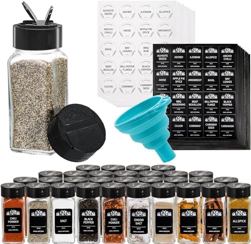 30 Pack Glass Spice Jars Square Glass Bottles with Black Caps, 4oz Empty Spice Containers Shakers Complete Organizer Set Includes Wide Funnel and Labels