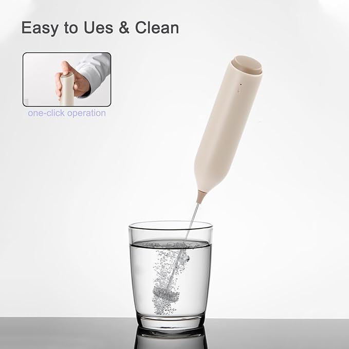 Rechargeable Coffee Frother by ELMWAY, Electric Milk Frother with Charging Stand & Wall Mount, Handheld Drink Mixer, Foam Maker for Coffee, Matcha - Beige