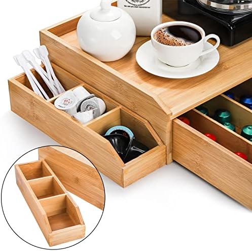 Bamboo 2 Drawer Coffee Pod Organizer with Side Box for K Cup Tea Bag