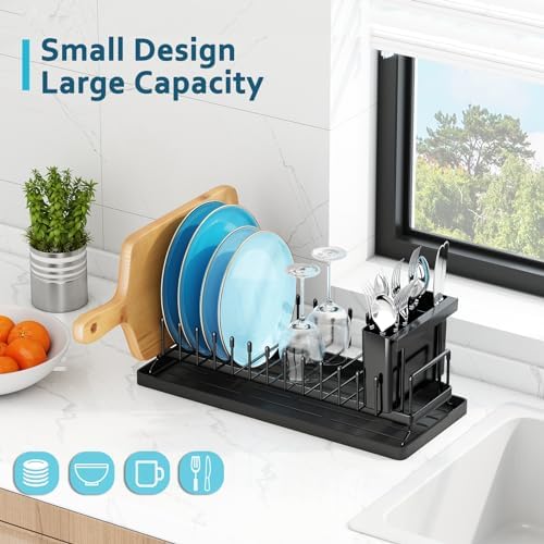 Small Dish Drying Rack - Compact Dish Rack for Kitchen Counter with Silicone Dish Drying Mat, Stainless Steel Dish Drainer for Kitchen Sink Cabinet, Space Saving Plate Rack Cutlery Holder