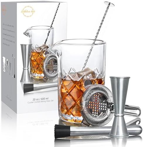 Cocktail Mixing Glass Set,Bar Mixing Set with 20oz Crystal Thick Bottom Glass,Spoon, Jigger,Strainer and Muddle,5 Pieces Cocktail Mixing Glass Kits Perfect for Amateurs and Bartenders