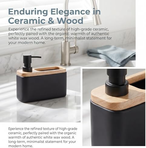 2-in-1 Ceramic Soap Dispenser with Sponge Holder,Black,17 Oz