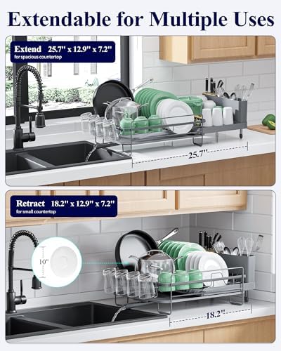 Extendable Large Dish Drying Rack, 18.2"-25.7" L x 12.9" W, Grey