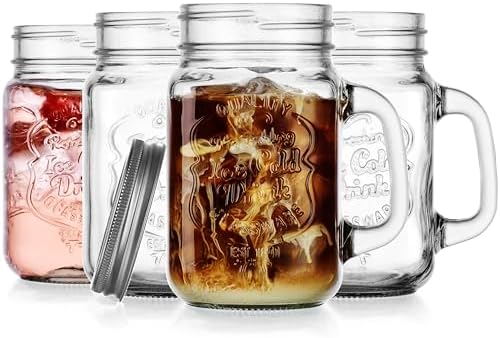 Mason Drinking Jars – Set of 4, 15.25 Oz Clear Glass Jar with Handle and Lid. – Ice-Cold Drink Glassware Logo – Glass Mugs Ideal for Cold Beverages, Juice, Smoothie, Cocktails.