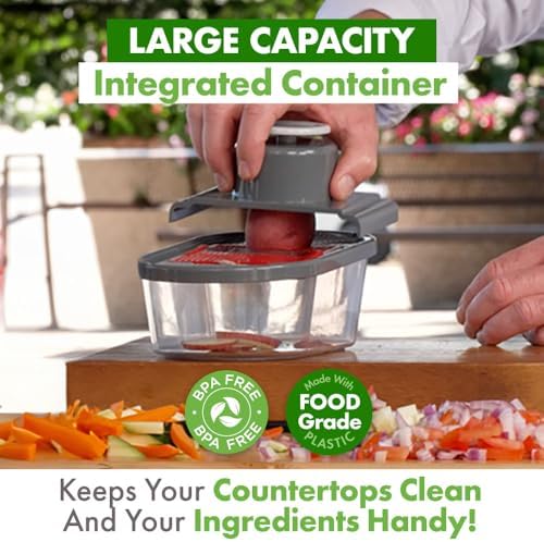Vegetable Chopper and Mandoline Slicer with Container, 4 Stainless Steel Blades, BPA-Free Onion Chopper, Vegetable Cutter, French Fry Cutter, Dishwasher Safe Fruit Potato Dicer, Pink
