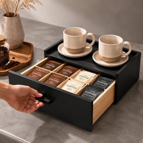 Black Bamboo Tea Bag Organizer Storage Box with Drawer