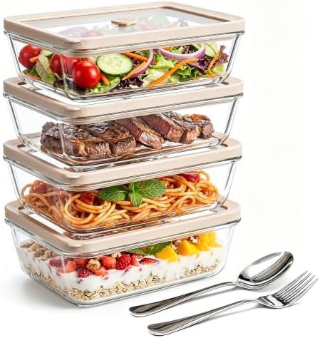 4 Pack 27 oz Glass Food Storage Containers with Airtight Lids