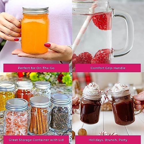 12 oz Mason Jar Mugs With Handles and Solid Lids Set of 6 - Mason Jar Drinking Glasses With Handle, Glass Mason Jars With Lids, Rustic Wedding Decor, Baby Shower Favors