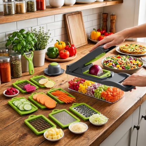 14 in 1 Food Chopper with Container - Vegetable Chopper Dicer Onion Chopper, French Fry Cutter, Mandolin Vegetable Slicer Potato Slicer, Multifunctional Veggie Chopper & Cheese Grater for Kitchen - Image 3