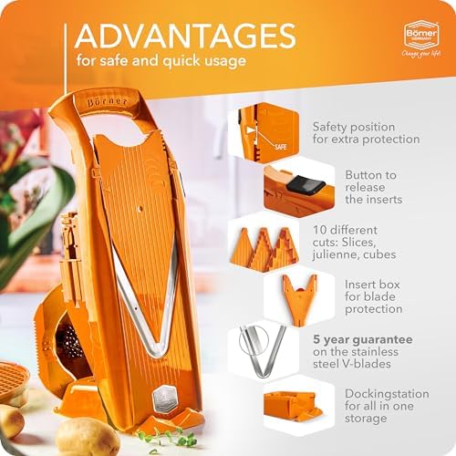 Börner Mandoline Slicer V5 (Professional Set) • Adjustable Vegetable Slicer (7-piece) • 10 Cutting Styles • Kitchen Slicer incl. Docking Station • Stainless Steel V-Blade • Color: Orange - Image 4