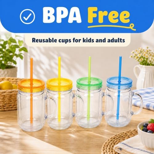 Plastic Mason Jars with Handles, Lids and Straws | 20 oz Double Insulated Tumbler with Straw | 4 Pack Set of 4 | Wide Mouth Mason Jar Mugs | Cups for Kids and Adults…