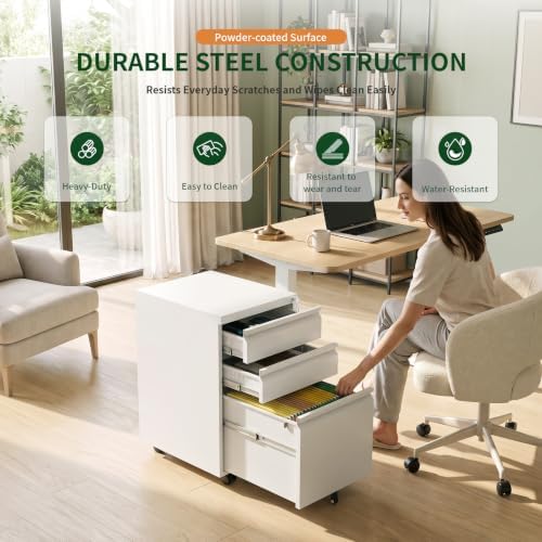 3 Drawer Metal File Cabinet with Lock & Rolling Casters
