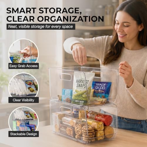 Stackable Storage Bins, Front Pantry Organizer, Medium, 4 Pack