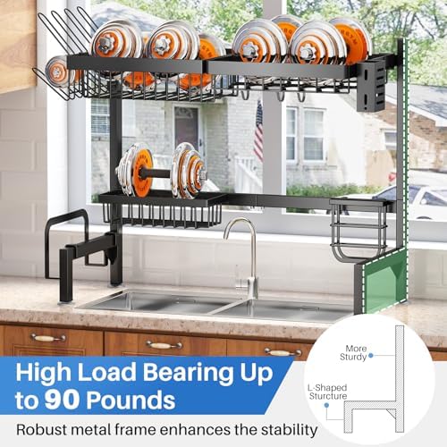 Over The Sink Large Dish Drying Rack, Metal, 26.8"-34.6", Black