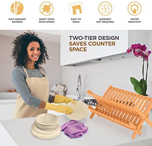 2-Tier Dish Drying Rack, Bamboo Dish Drainer for Kitchen Counter