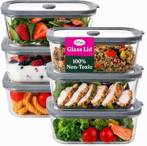 6 Pack Non-Toxic Glass Storage Containers with Glass Lids –27 Oz Borosilicate Glass Meal Prep Containers for Lunch, Airtight Food Storage
