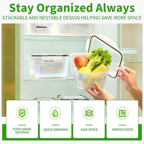 Fruit Storage Containers for Fridge with Removable Colander, 5-Pack