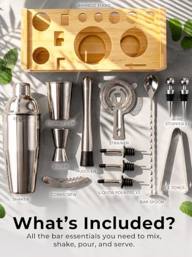 24 Piece Bartender Kit-Stainless Steel Bar Accessories with Display-Modern Mixology Shaker Set for At-Home Cocktails-Use for Mixer, Martini, Margarita and Liquer-Bar Tools (Silver)
