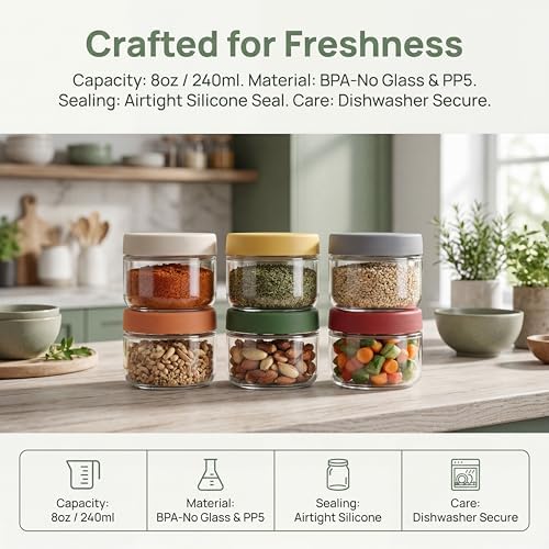 8 oz Small Glass Containers with Lids, Food Storage Jars, 6pk