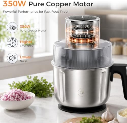 Food Processor with 3 Stainless Steel Bowls, Anti-Clog Magnetic Blade