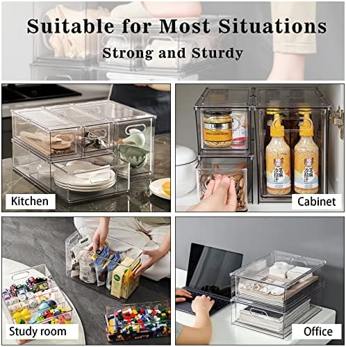 Fridge Drawer Pull Out Stackable Bins with Handle Clear Refrigerator Drawers Organizer Food Storage Container Box Plastic Produce Saver for Pantry, Cabinet, Kitchen, Clothes（4Pack）