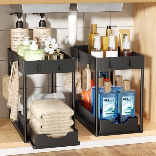 2 Pack 2-Tier Under Sink Organizers with Sliding Drawer, Black