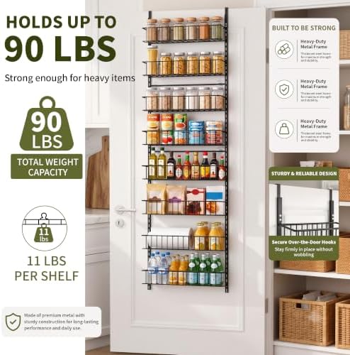 8-Tier Pantry Door Organizer, Hanging Storage Basket, Black
