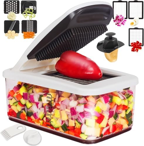 Vegetable Chopper, Extra Large Chopper Vegetable Cutter, Multifunctional 10-in-1 Pro Food Chopper - 6 Blades, 4 Vegetable Spiralizers, E-Recipes - Veggie Chopper with Container